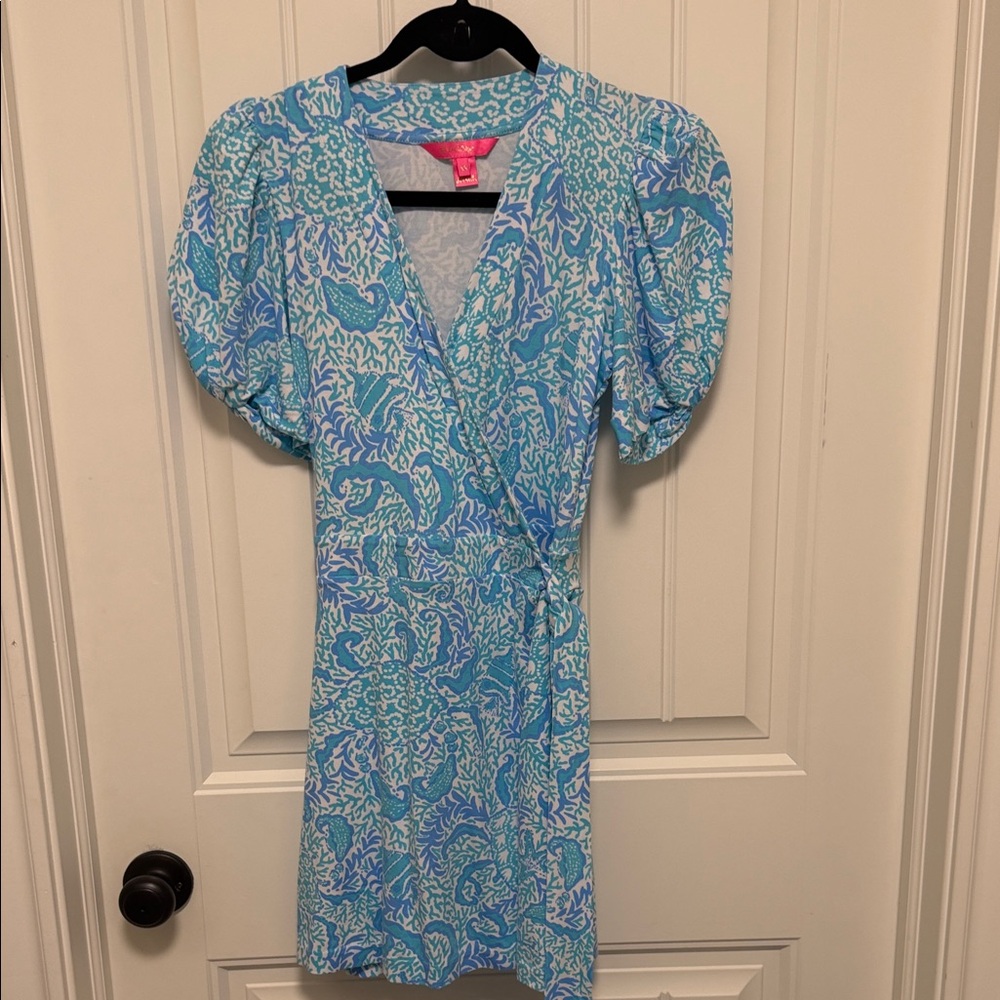 Lilly Pulitzer Blue and White Tropical Wrap Dress